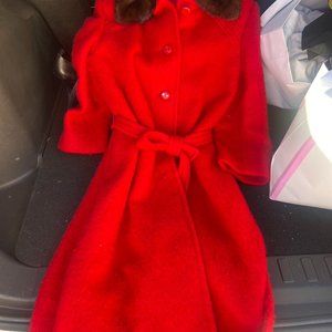 mohair fur collar red vintage coat